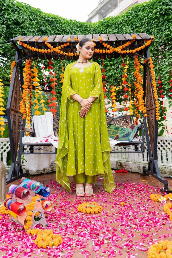 Olive Green Georgette Anarkali Party Wear Suit with Handwork & Bandhej Details - Image 5