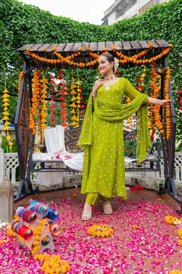 Olive Green Georgette Anarkali Party Wear Suit with Handwork & Bandhej Details - Image 3