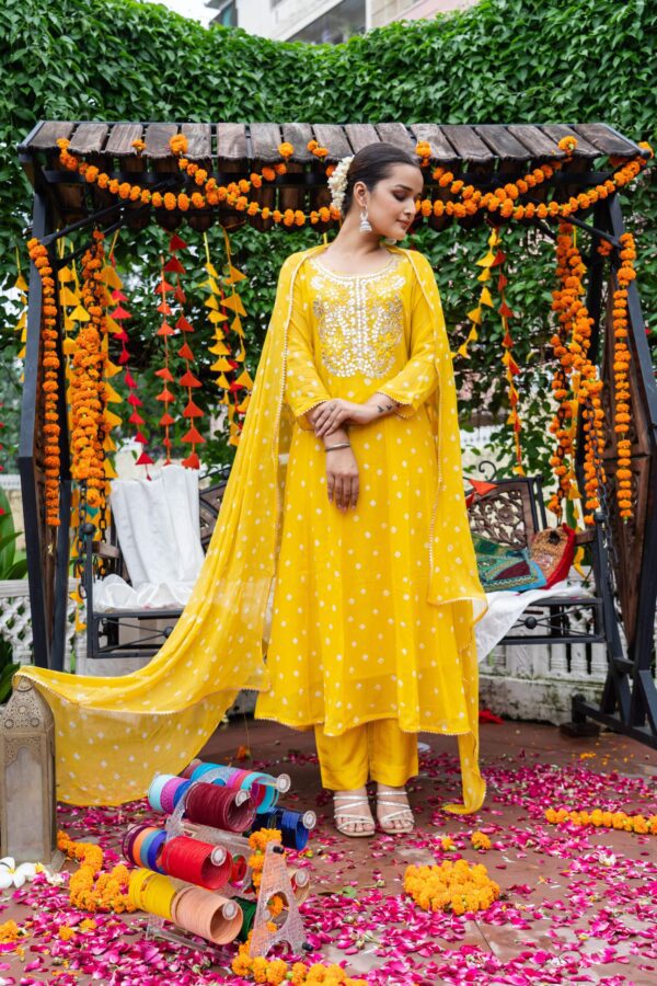 Mustard Yellow Georgette Anarkali Party Wear Suit with Gotta Pati Handwork & Bandhej Details - Image 2