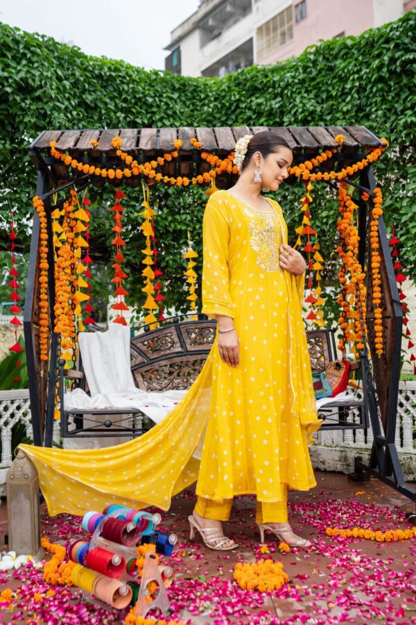 Mustard Yellow Georgette Anarkali Party Wear Suit with Gotta Pati Handwork & Bandhej Details - Image 5