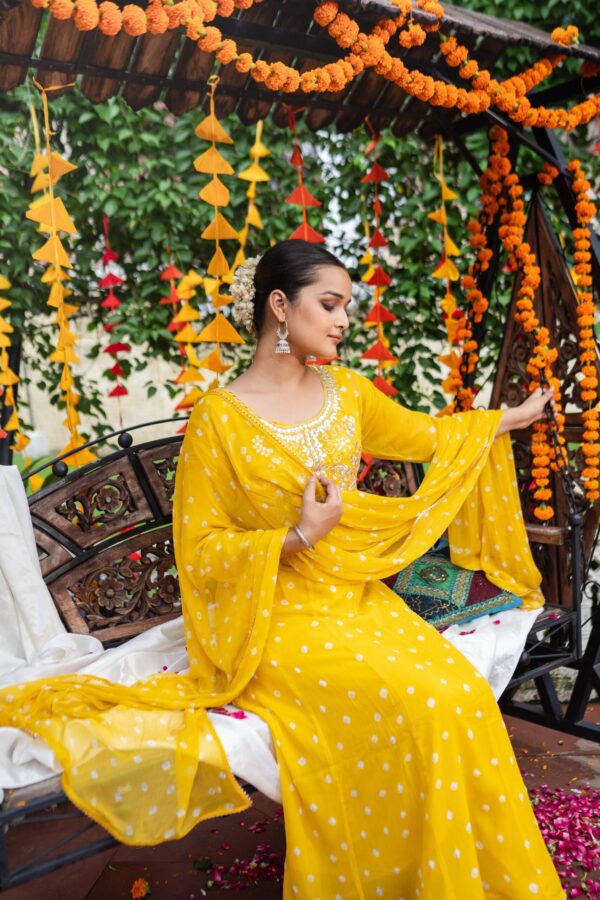 Mustard Yellow Georgette Anarkali Party Wear Suit with Gotta Pati Handwork & Bandhej Details - Image 3