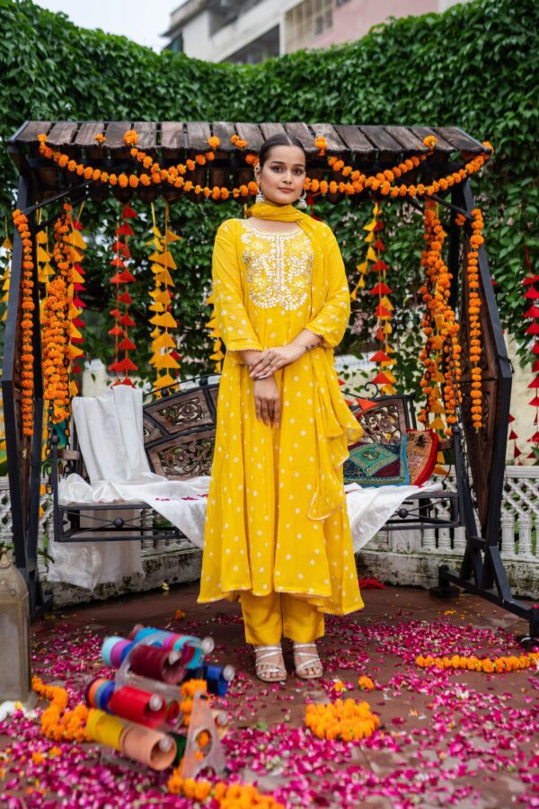 Mustard Yellow Georgette Anarkali Party Wear Suit with Gotta Pati Handwork & Bandhej Details