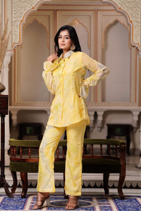 Yellow Organza Co-ord Set with Eye Handwork and Full Sleeves