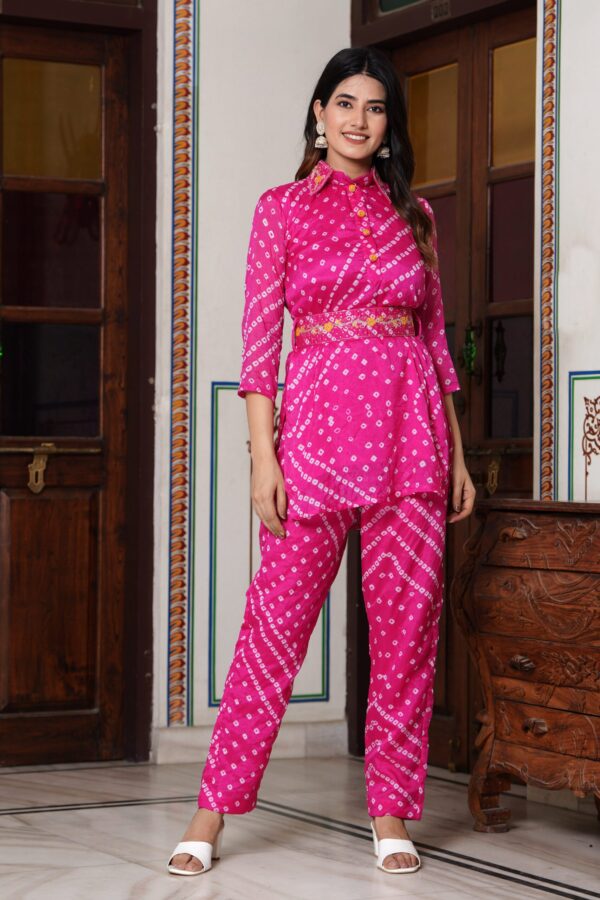 Pink Chinon Silk Co-ord Set with Handwork Neck Tie and Belt