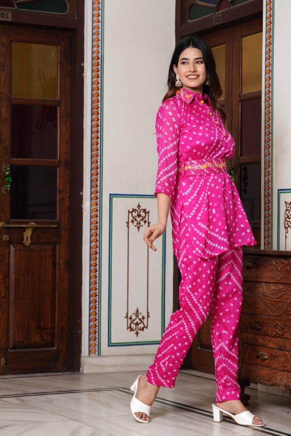 Pink Chinon Silk Co-ord Set with Handwork Neck Tie and Belt - Image 3