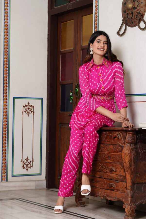 Pink Chinon Silk Co-ord Set with Handwork Neck Tie and Belt - Image 4