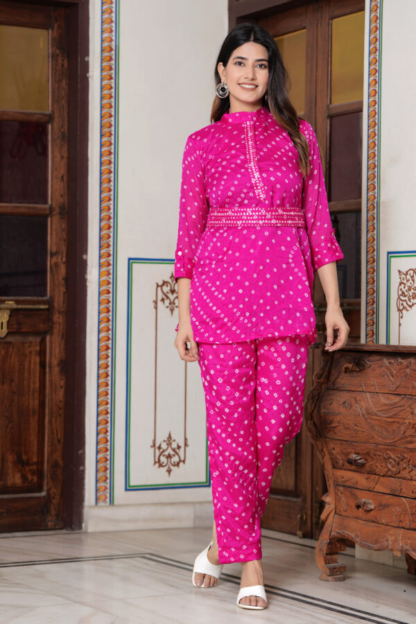 Pink Chinon Silk Co-ord Set with Handwork, Mirror Details, and Belt - Image 3