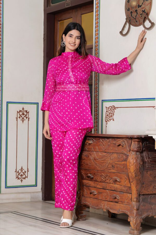 Pink Chinon Silk Co-ord Set with Handwork, Mirror Details, and Belt - Image 7